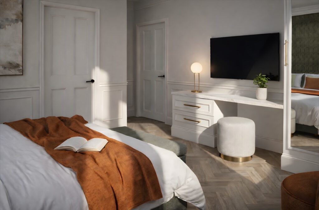 Calm Retreat suite at Haüss Coatbridge featuring neutral tones, integrated kitchenette and en suite in North Lanarkshire aparthotel