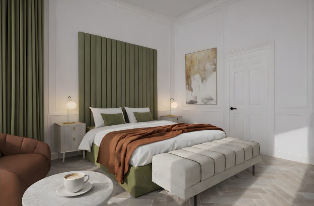 Calm Retreat suite at Haüss Coatbridge featuring neutral tones, integrated kitchenette and en suite in North Lanarkshire aparthotel