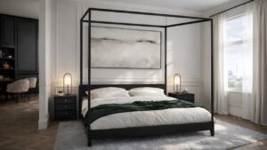 Four poster bed in Haüss Coatbridge luxury aparthotel suite in North Lanarkshire