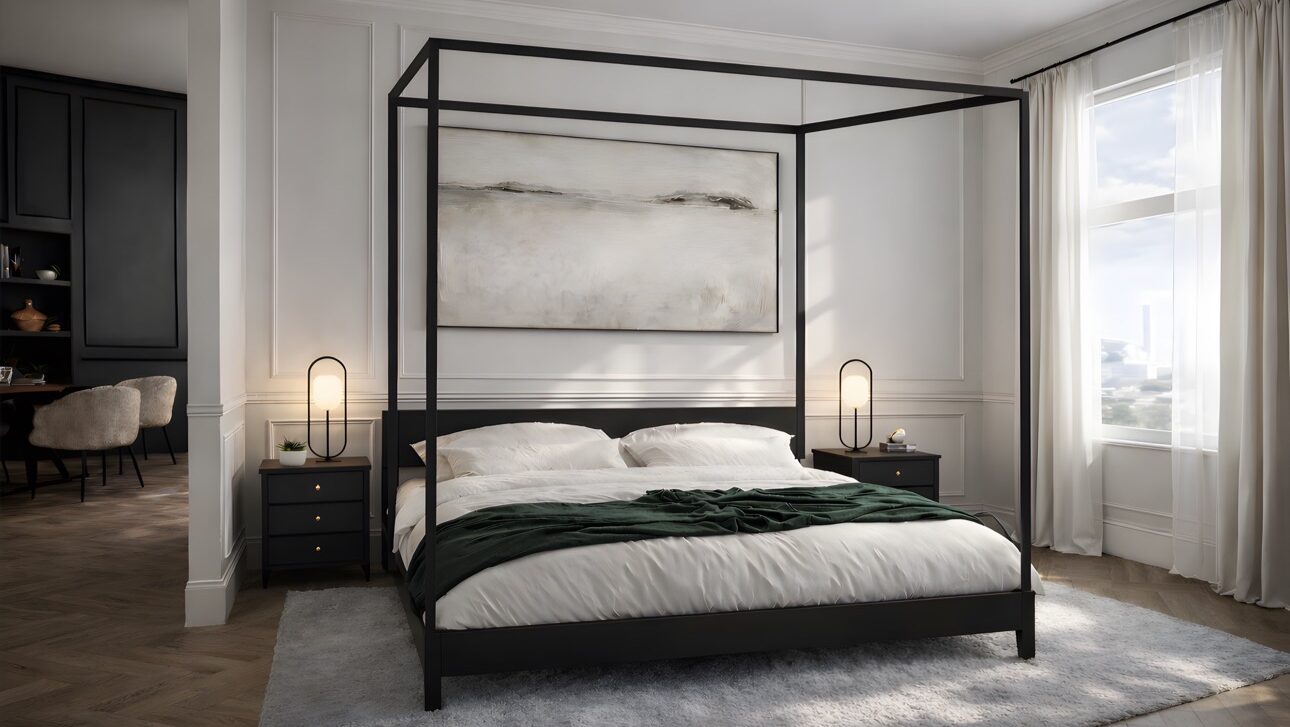 Four poster bed in Haüss Coatbridge luxury aparthotel suite in North Lanarkshire